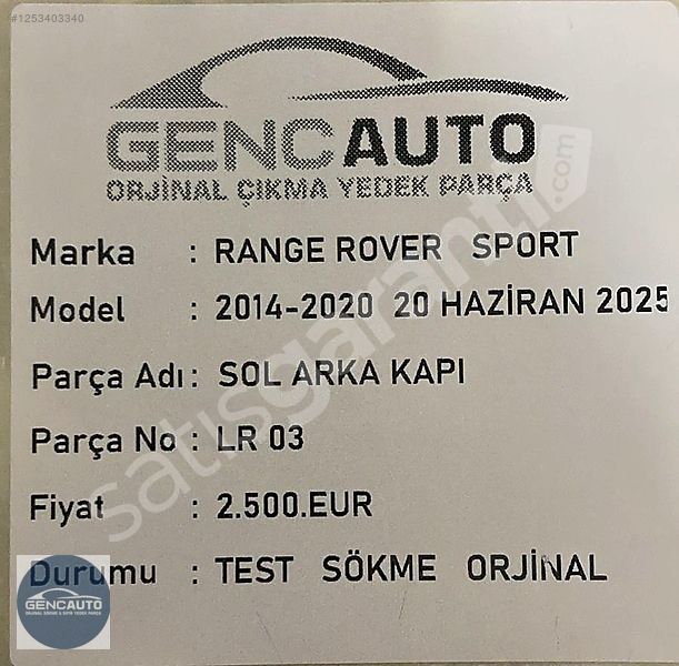 RANGE ROVER SPORT SOL ARKA KAPI SÖKME ORJİNAL OPAK BEYAZ