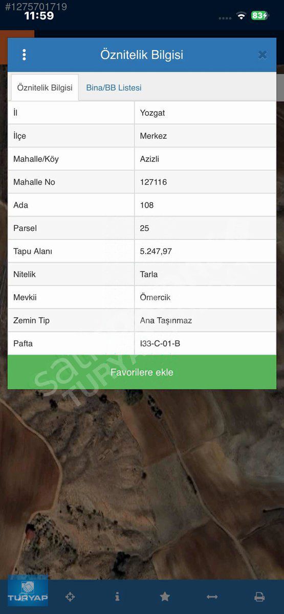 TURYAP EMLAKTAN YOZGAT MERKEZ AZİZLİDE SATILIK TARLA