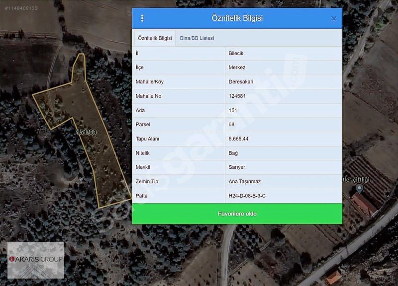 Bilecik Merkez Deresakari'de 5665m2 Resmi Yollu Satılık Bağ