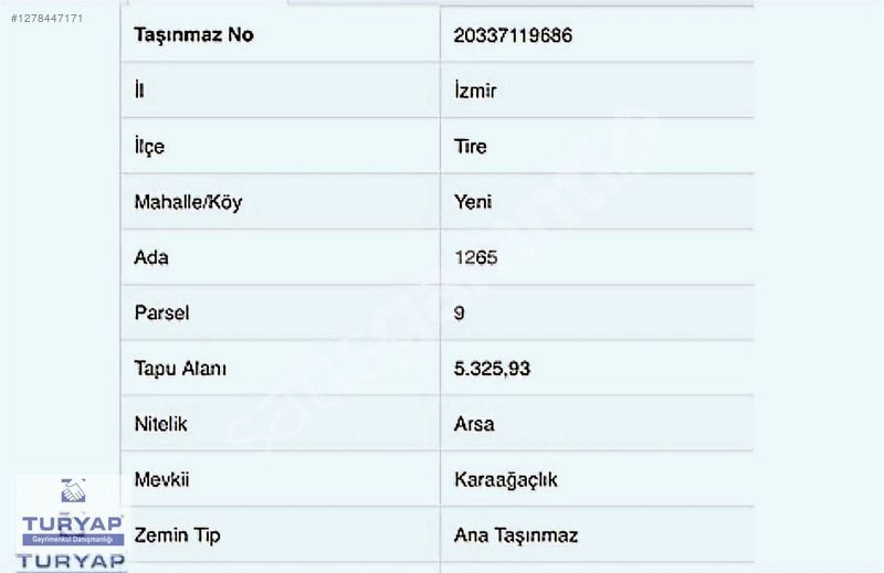 TİRE YENİ MAHALLEDE YATIRIMLIK DEPO İMARLI ARSA!