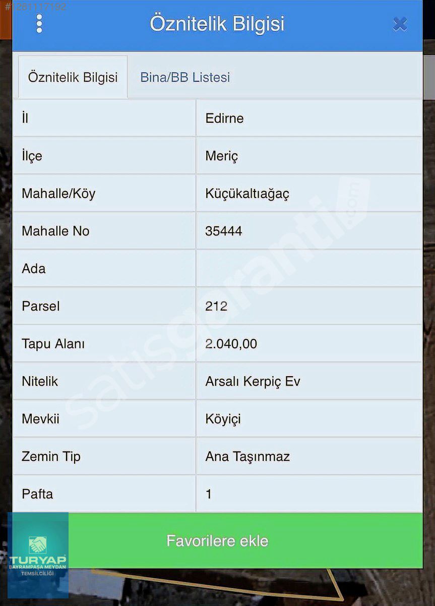 TURYAPTAN EDİRNE MERİÇ KÜÇÜKALTIAĞAÇ KÖYÜNDE 2040M2 İMARLI ARSA