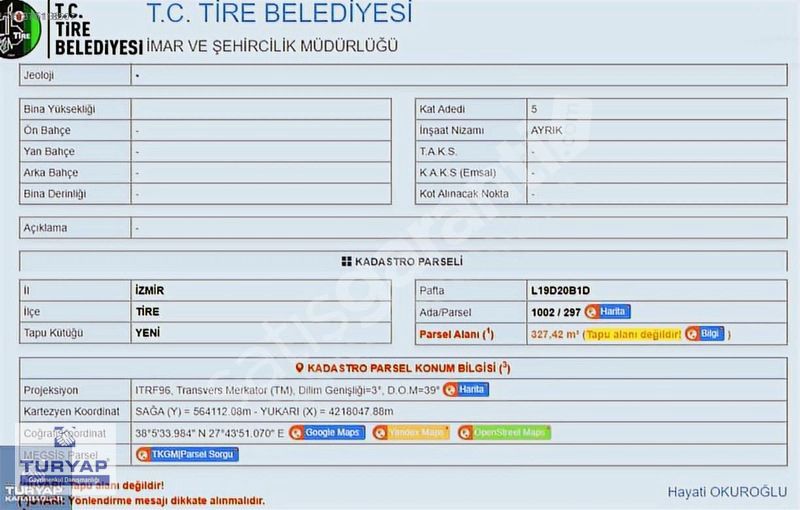 TURYAP TAN SATILIK ARSA TİRE HÜRRİYET MAH NDE YATIR FIRSAT