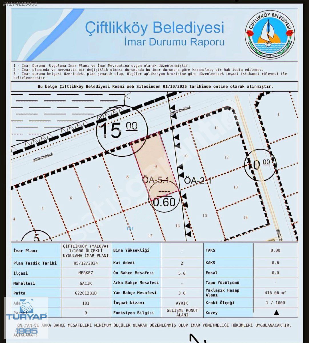 ÇİFTLİKKÖY 500 EVLER 416 M2 SATILIK ARSA