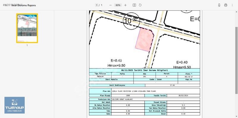 ÇORLU ÖNERLERDE 465 M2 İMARLI SATILIK ARSA