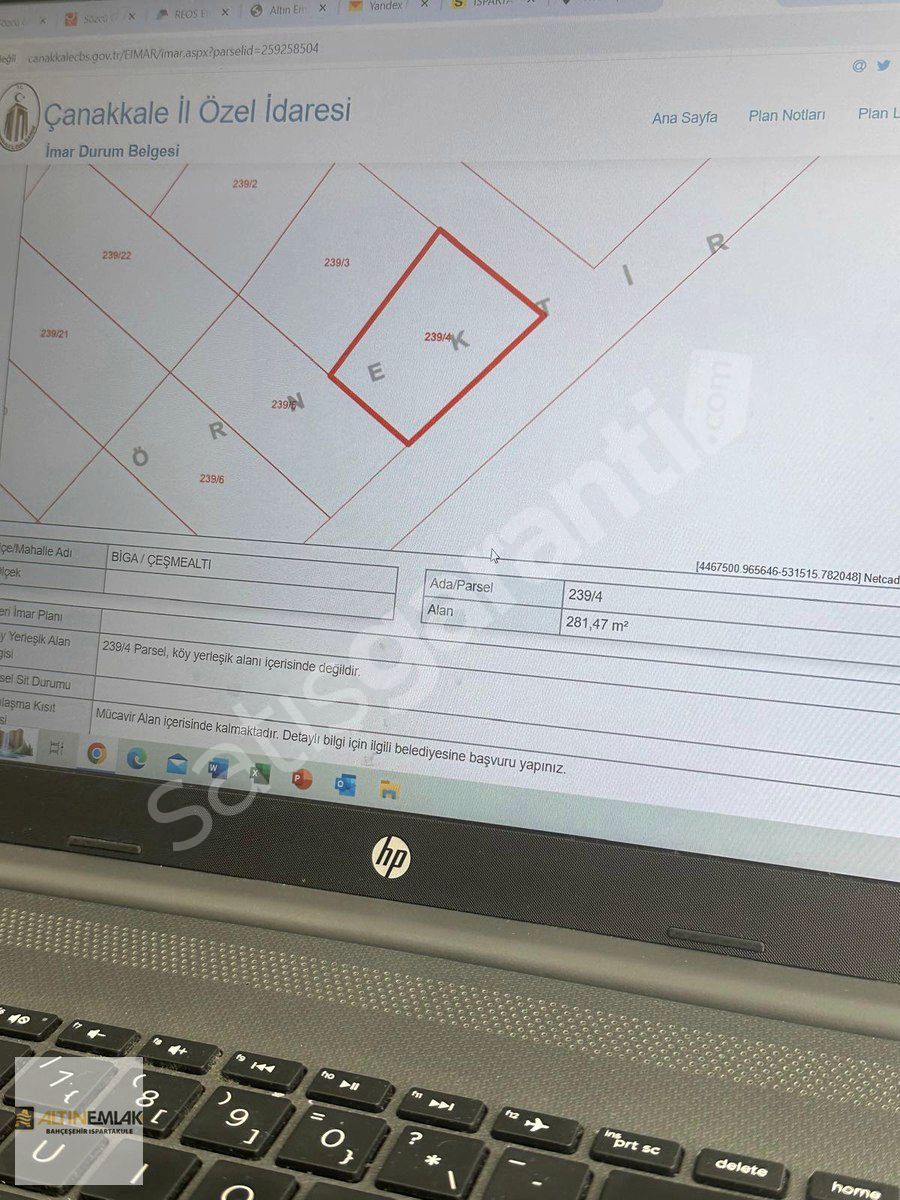 ALTIN EMLAK BİGA ÇEŞME ALTI 282m2 KÖŞE PARSEL İMARLI SATILK ARSA