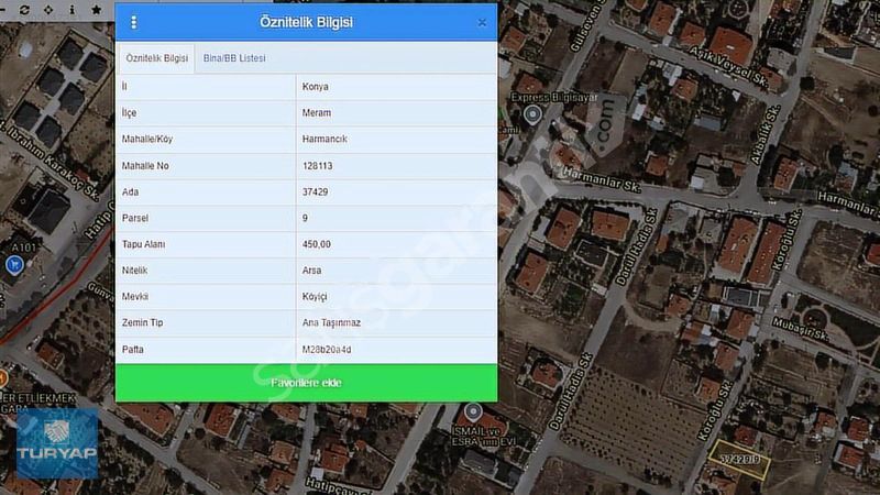 HARMANCIKTA PARKA CEPHE SATILIK 450 M2 ARA PARSEL VİLLA ARSASI